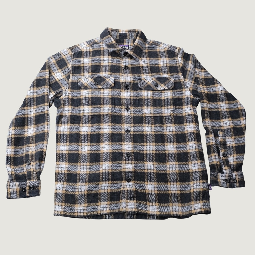 Patagonia Fjord Flannel Shirt S Black Tan Plaid Organic Cotton Worn Wear